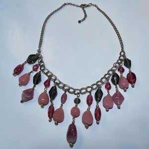 Pink Raspberry Glass Bead Bib Necklace Adjustable Statement Necklace